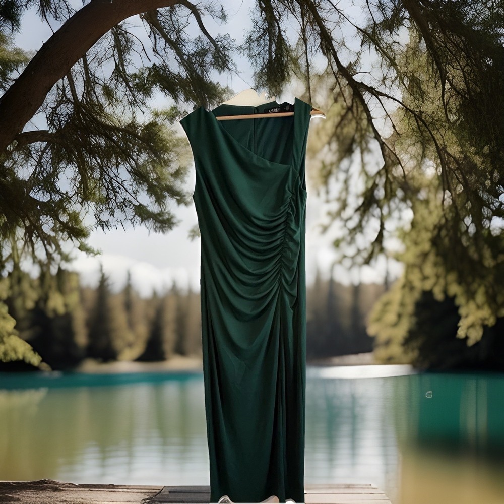 Lauren Ralph Lauren Green Ruched Maxi Dress Size 12 Sleeveless Formal Evening